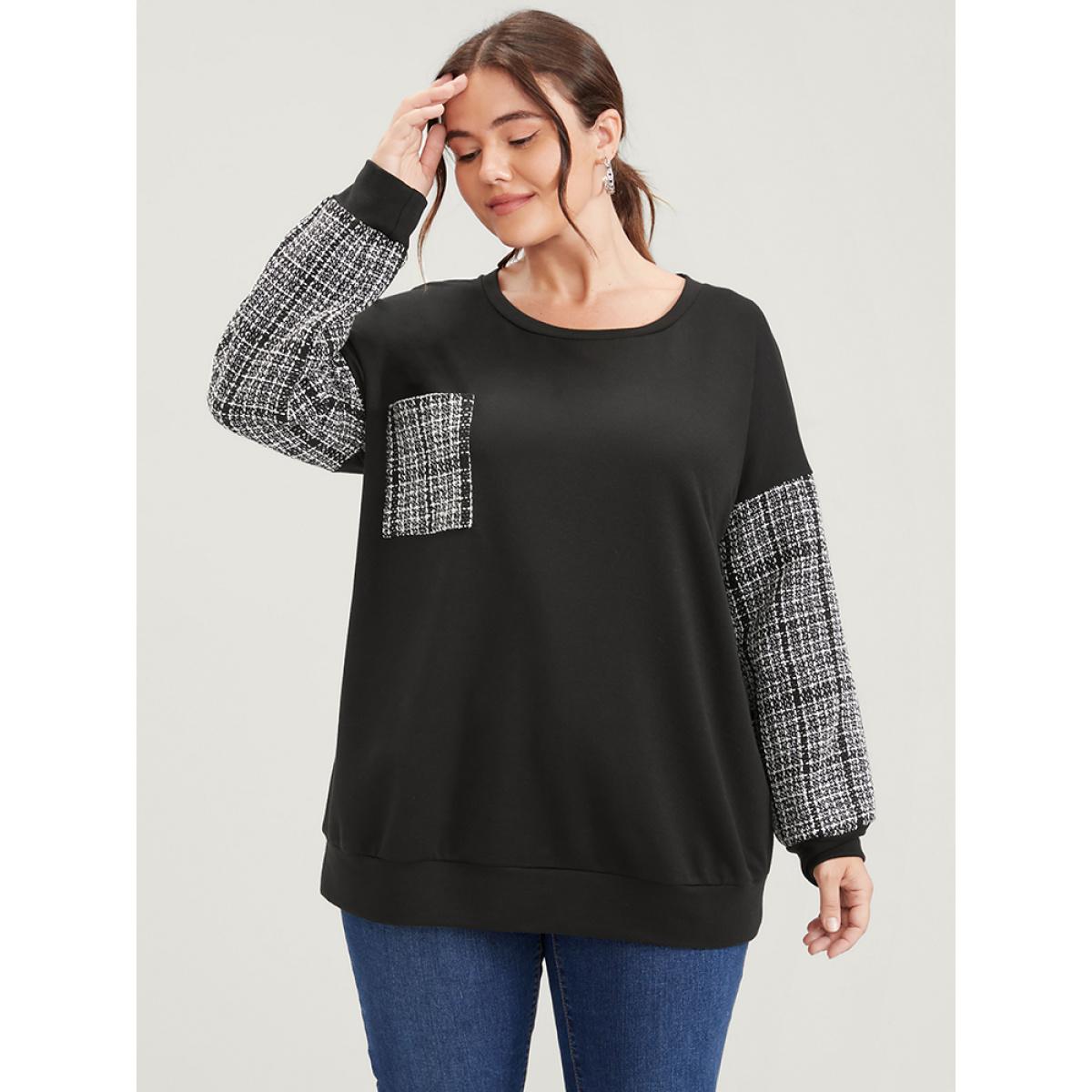 Plus Size Colorblock Contrast Pocket Raw Trim Drop Shoulder Sweatshirt Women Black Casual Patchwork Round Neck Dailywear Sweatshirts BloomChic 12/L Product Image