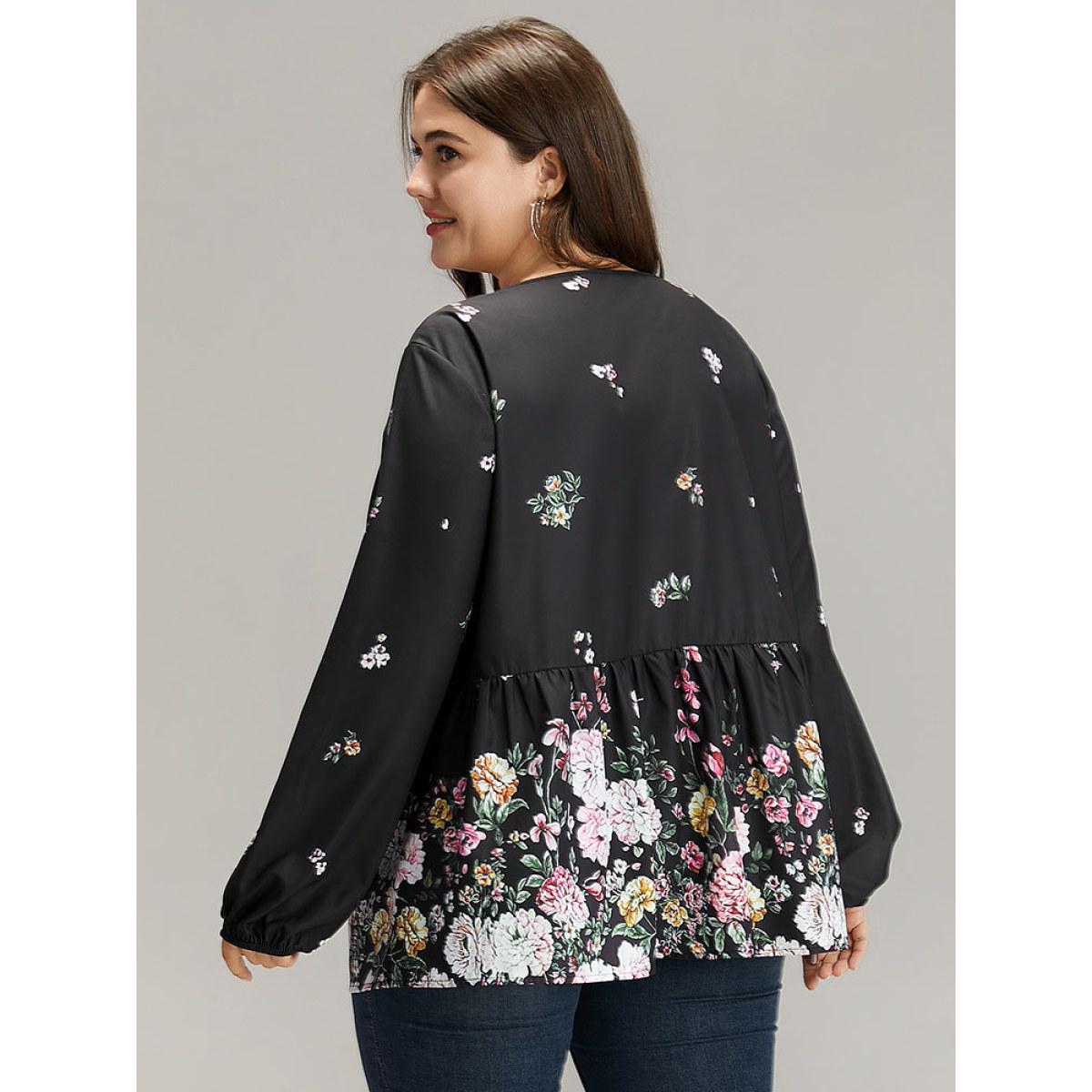 Plus Size BlackFlower Floral Print Tie Neck Blouse Women Elegant Long Sleeve V-neck Dailywear Blouses BloomChic 18-20/2X Product Image