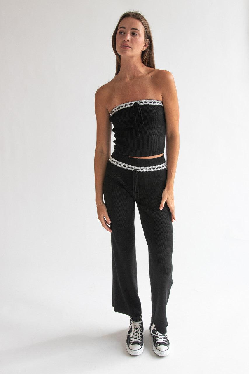 Lace Trim Ribbed Wide Leg Pants Product Image