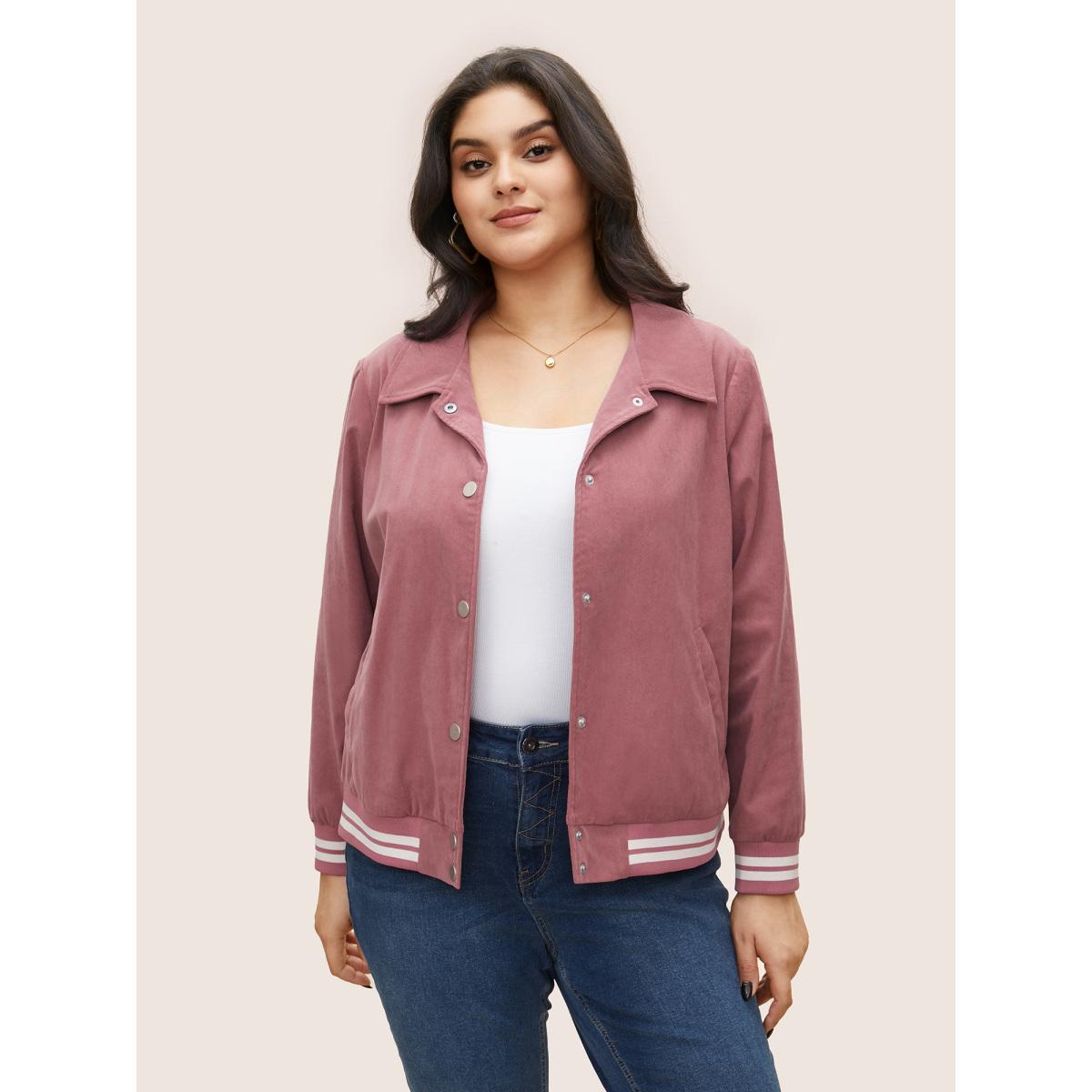 Plus Size Contrast Trim Button Through Rib Knit Jacket Women DustyPink Non Slanted pocket Everyday Jackets BloomChic 22-24/3X Product Image