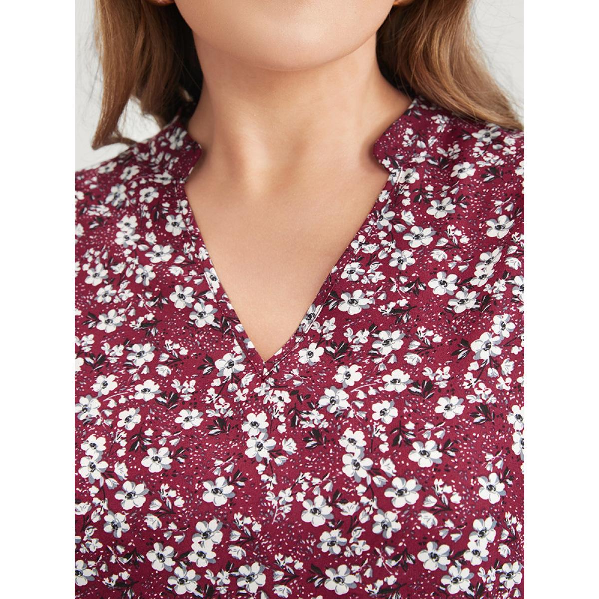 Plus Size Burgundy Floral Lantern Sleeve Arc Hem V Neck Blouse Women Elegant Long Sleeve V-neck Dailywear Blouses BloomChic 22-24/3X Product Image