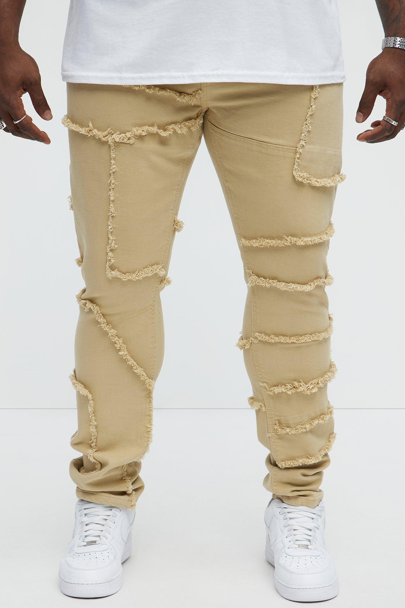 Paneled Frayed Stacked Skinny Pants - Tan Product Image