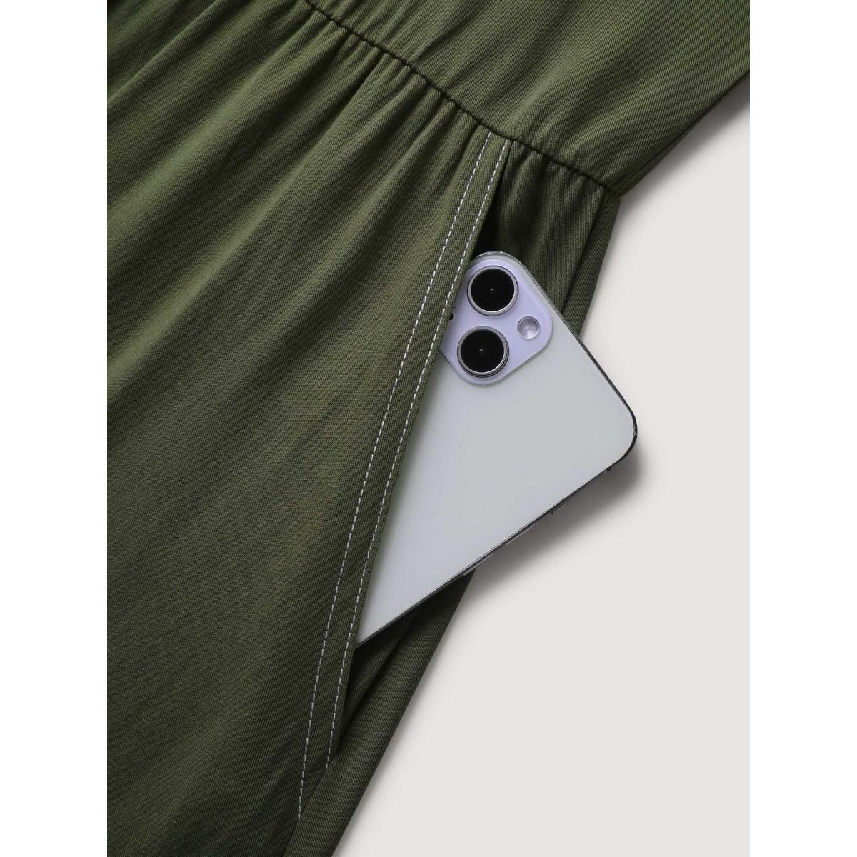 Plus Size Monochrome Zipper Front Pockets Midi Dress ArmyGreen Women V-neck Short sleeve Curvy BloomChic 10/M Product Image