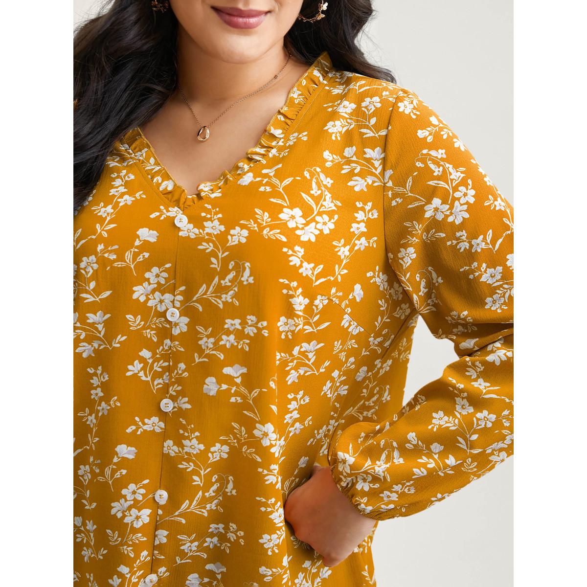 Plus Size Turmeric Floral Print V-Neck Ruffled Shirt Women Elegant Extra Long Sleeve V-neck Everyday Blouses BloomChic 22-24/3X Product Image