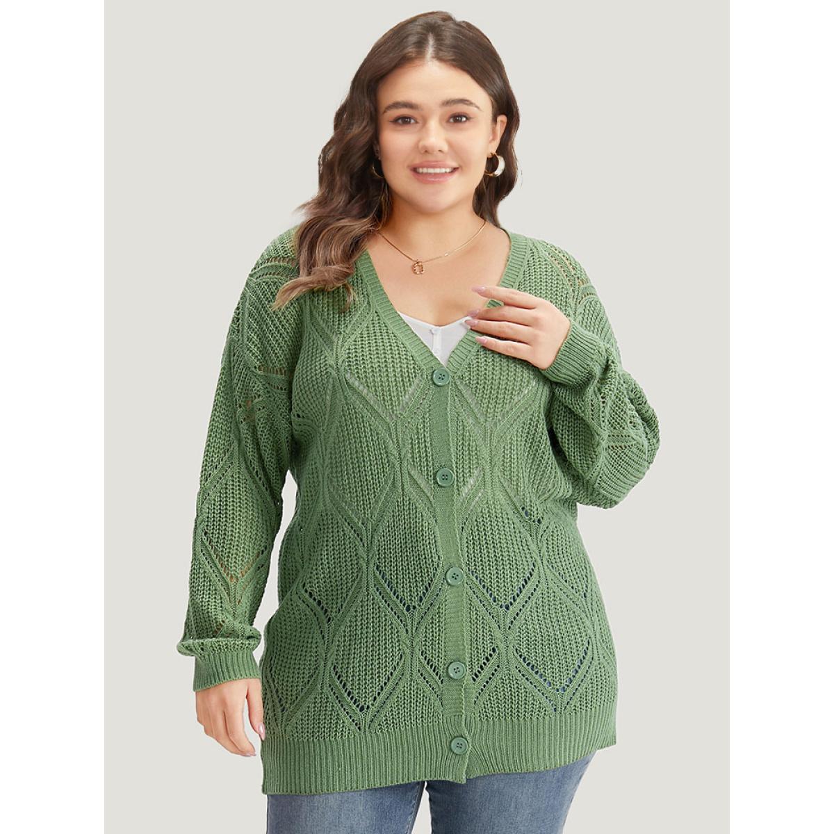 Plus Size Geo Plisse Button Through Elastic Cuffs Cardigan Green Women Casual Loose Long Sleeve Everyday Cardigans BloomChic 18-20/2X Product Image
