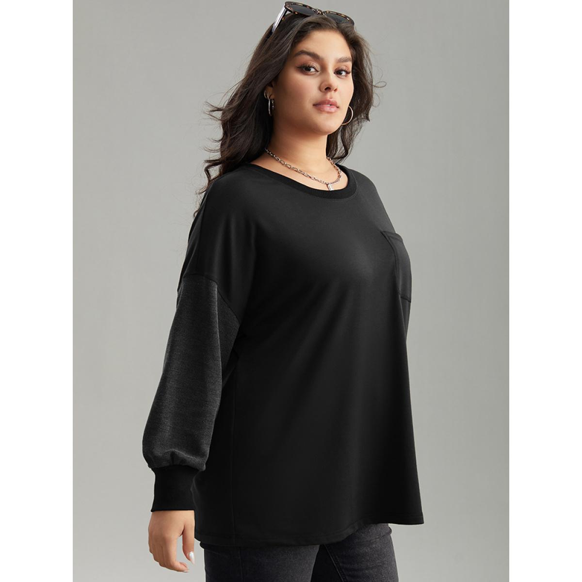 Plus Size Two Tone Patched Pocket Drop Shoulder Sweatshirt Women Black Casual Elastic cuffs Round Neck Everyday Sweatshirts BloomChic 14-16/1X Product Image