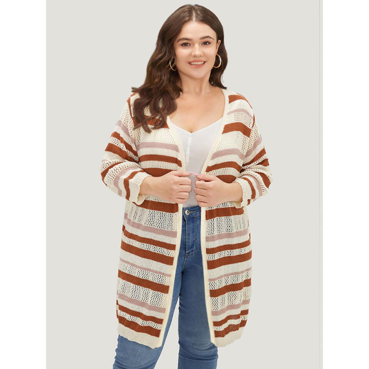 Plus Size Striped Hollow Out Open Front Split Hem Cardigan Multicolor Women Casual Loose Elbow-length sleeve Dailywear Cardigans BloomChic 22-24/3X Product Image