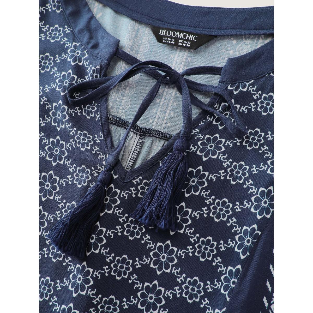 Plus Size Boho Stripe Notched Collar Ties Midi Dress DarkBlue Women Boho Flat collar with V-notch Long Sleeve Curvy BloomChic 28/5X Product Image