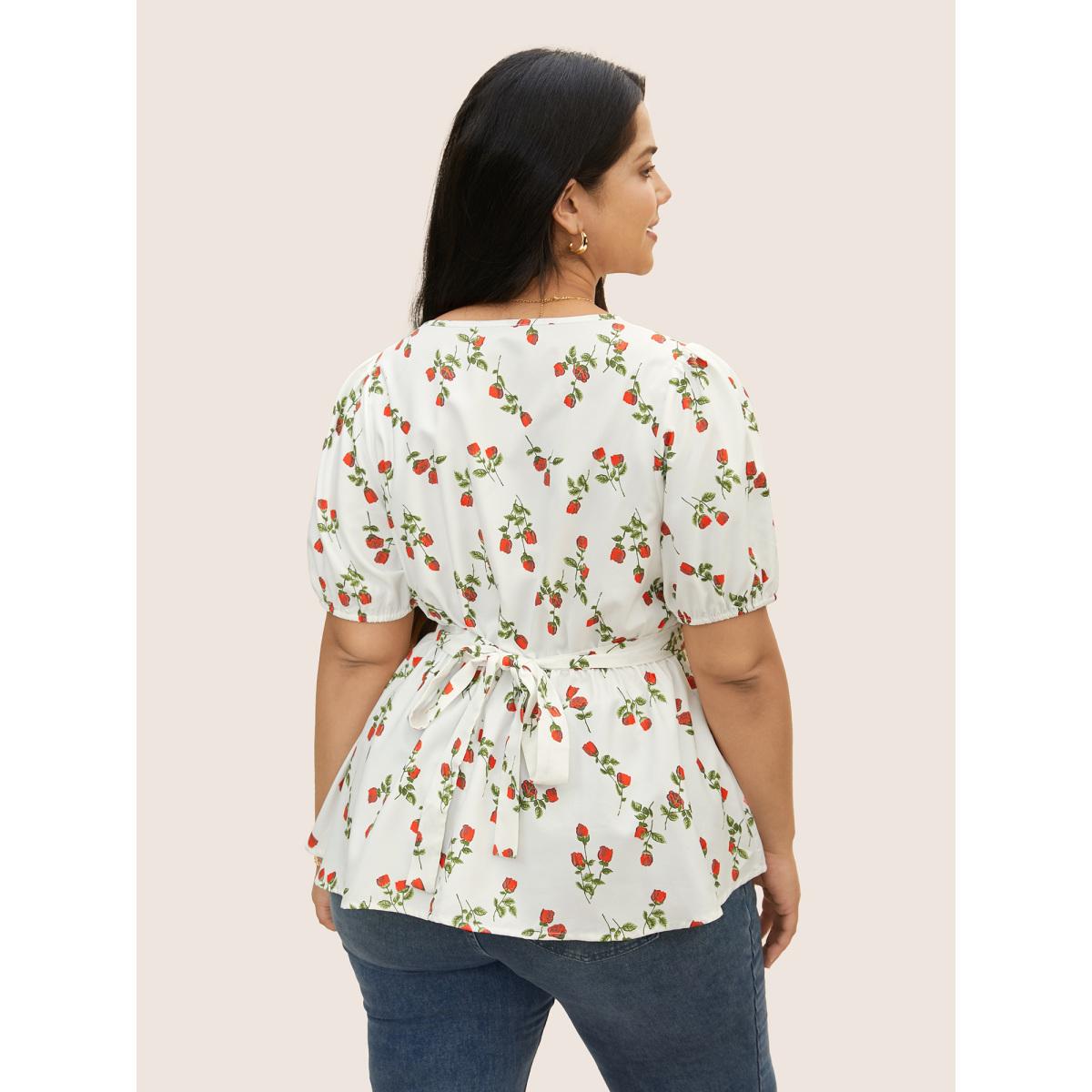 Plus Size Ivory Rose Print Tie Knot Button Detail Ties Blouse Women Elegant Short sleeve V-neck Everyday Blouses BloomChic 26/4X Product Image