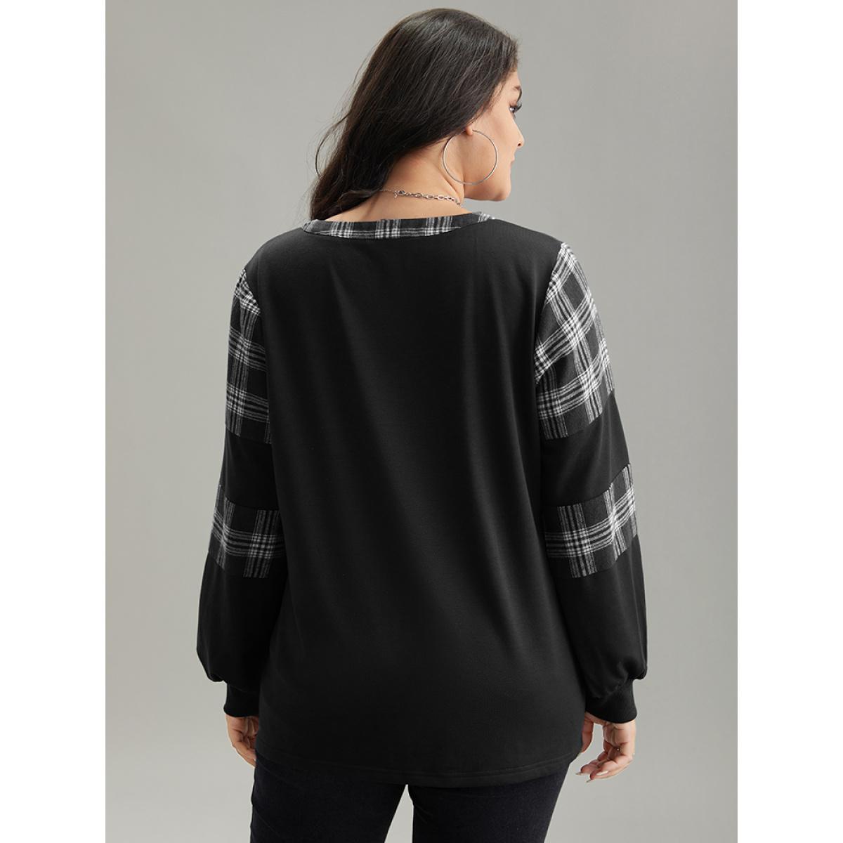 Plus Size Plaid Patchwork Button Up Rib Knit Sweatshirt Women Black Casual Elastic cuffs Open Front Dailywear Sweatshirts BloomChic 18-20/2X Product Image