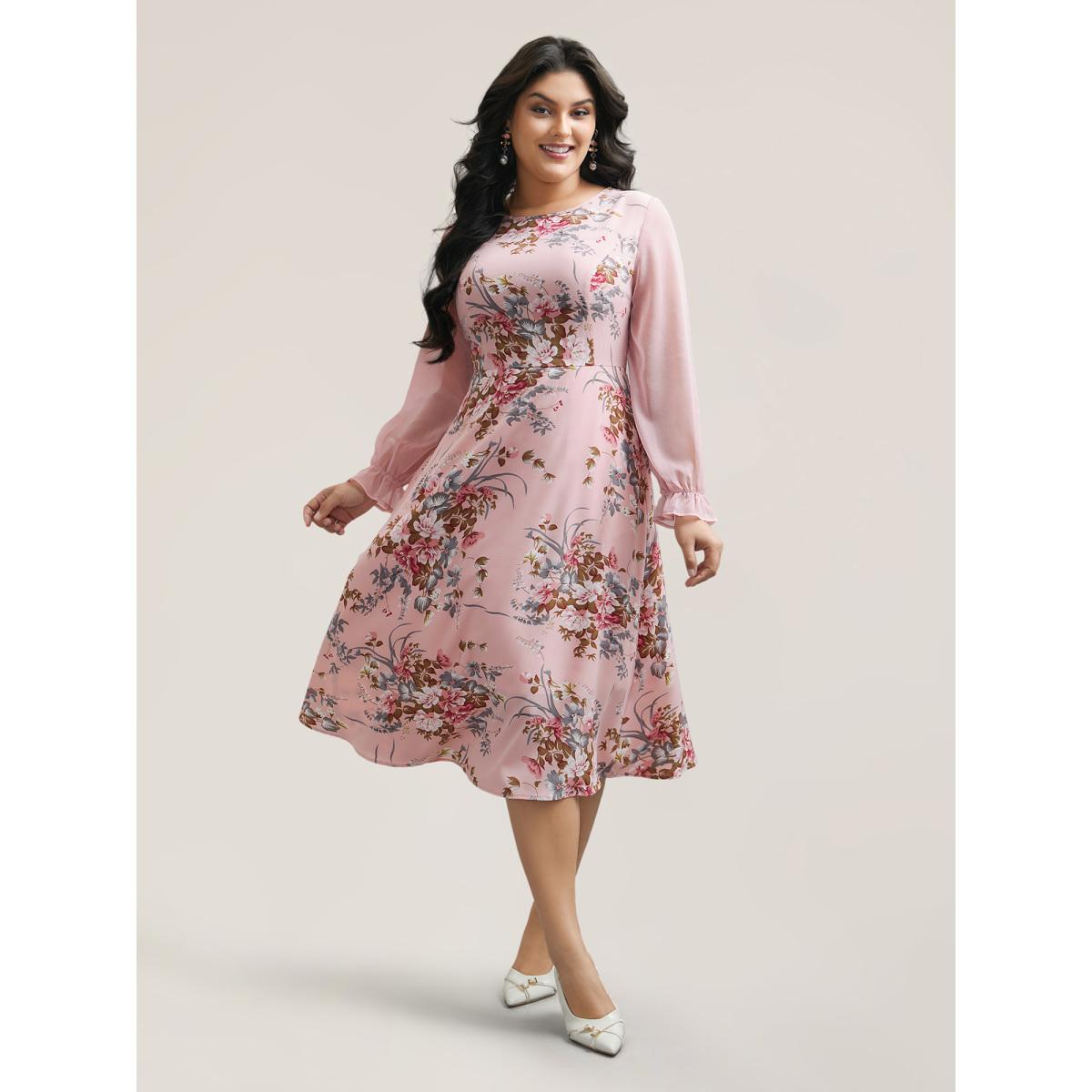 Plus Size Floral Print Spliced Waist Cinched Midi Dress MistyRose Women Romantic See through Round Neck Long Sleeve Curvy BloomChic 30/6X Product Image