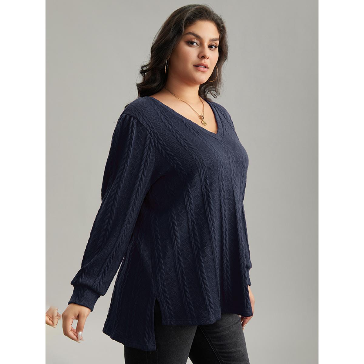 Plus Size Plain Cable Knit Elastic Cuffs Sweatshirt Women Indigo Casual Texture V-neck Dailywear Sweatshirts BloomChic 12/L Product Image