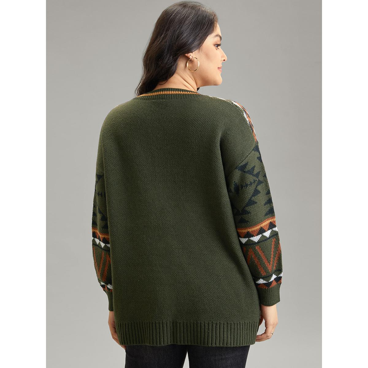 Plus Size Geometric Contrast Crew Neck Drop Shoulder Pullover DarkGreen Women Casual Loose Long Sleeve V-neck Everyday Pullovers BloomChic 30/6X Product Image