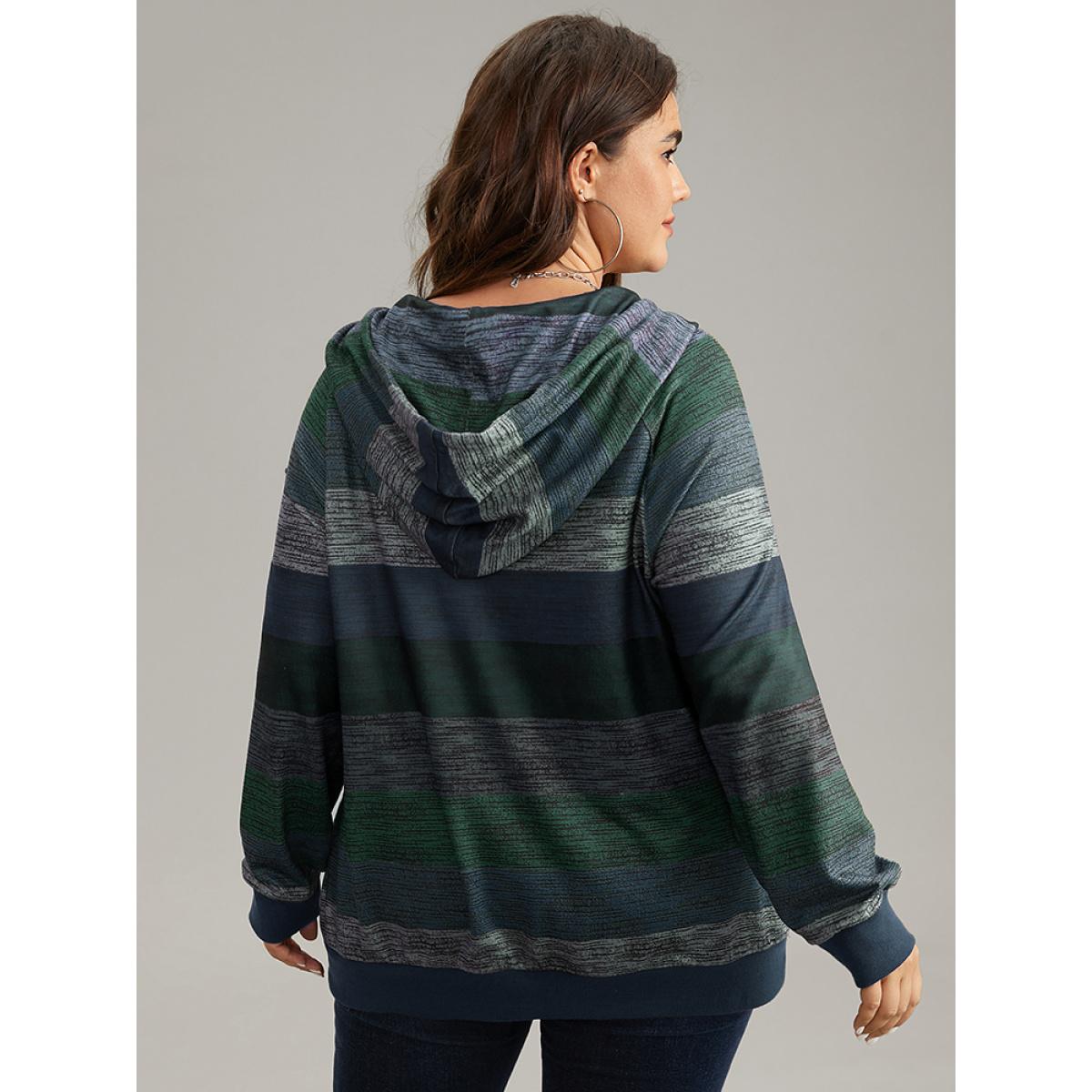 Plus Size Heather Colorblock Contrast Pocket Hooded Sweatshirt Women Green Casual Rib Knit Hooded Everyday Sweatshirts BloomChic 10/M Product Image