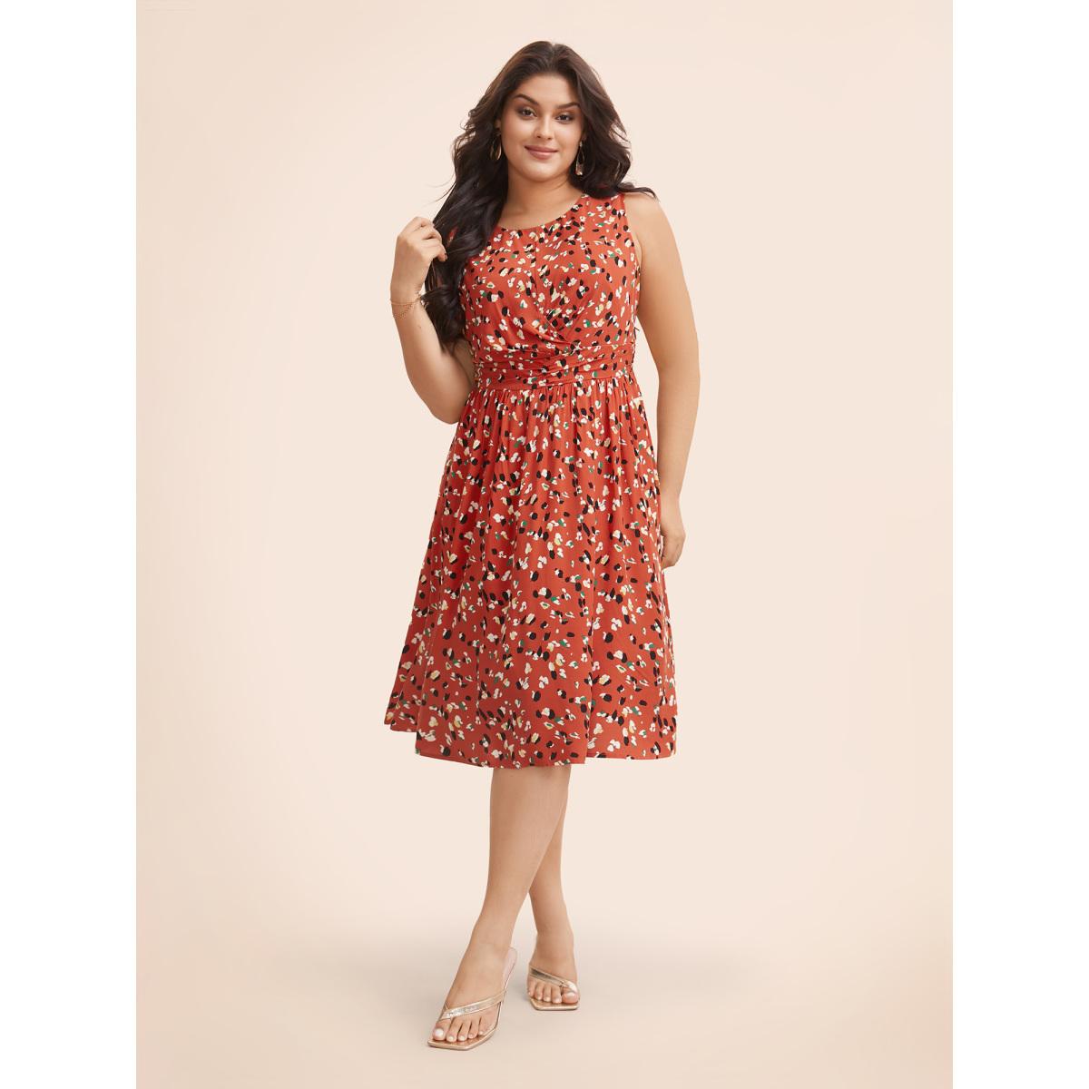 Plus Size Allover Print Pocket Flutter Crossover Ruched Tank Dress OrangeRed Women Elegant Twist Round Neck Sleeveless Curvy Midi Dress BloomChic 14-16/1X Product Image