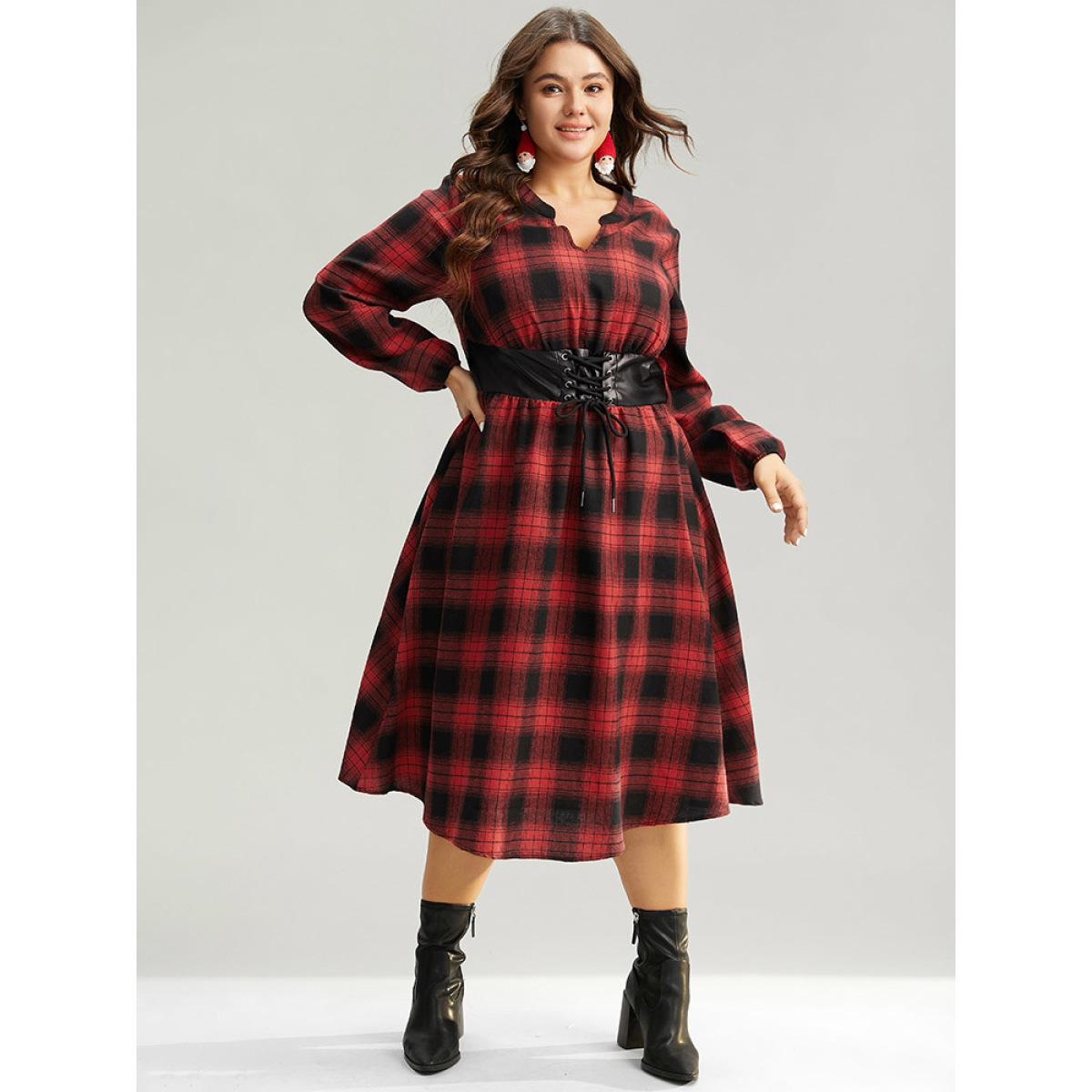 Plus Size Plaid Lace Up PU Leather Notched Dress Raspberry Women Elegant Elastic cuffs Notched collar Long Sleeve Curvy Midi Dress BloomChic 12/L Product Image