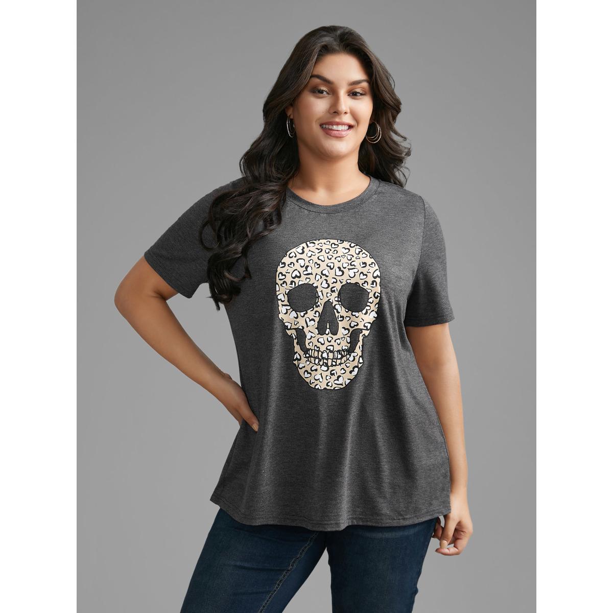 Plus Size Crew Neck Skull Leopard Print T-shirt DimGray Women Casual Non Art&design Round Neck Everyday T-shirts BloomChic 12/L Product Image