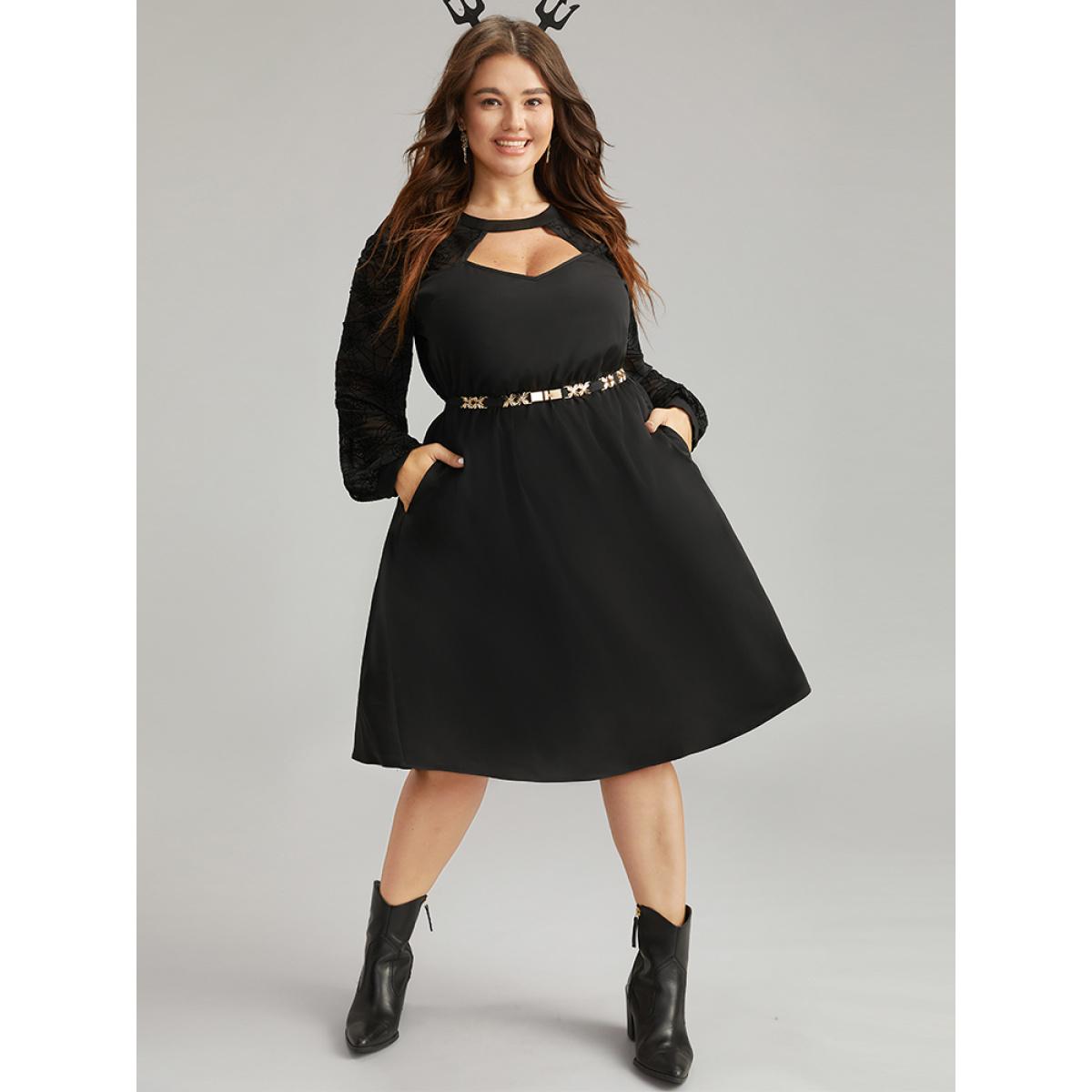 Plus Size Anti-Wrinkle Halloween Keyhole Mesh Pocket Dress Black Women Elegant See through Round Neck Long Sleeve Curvy Knee Dress BloomChic 14-16/1X Product Image