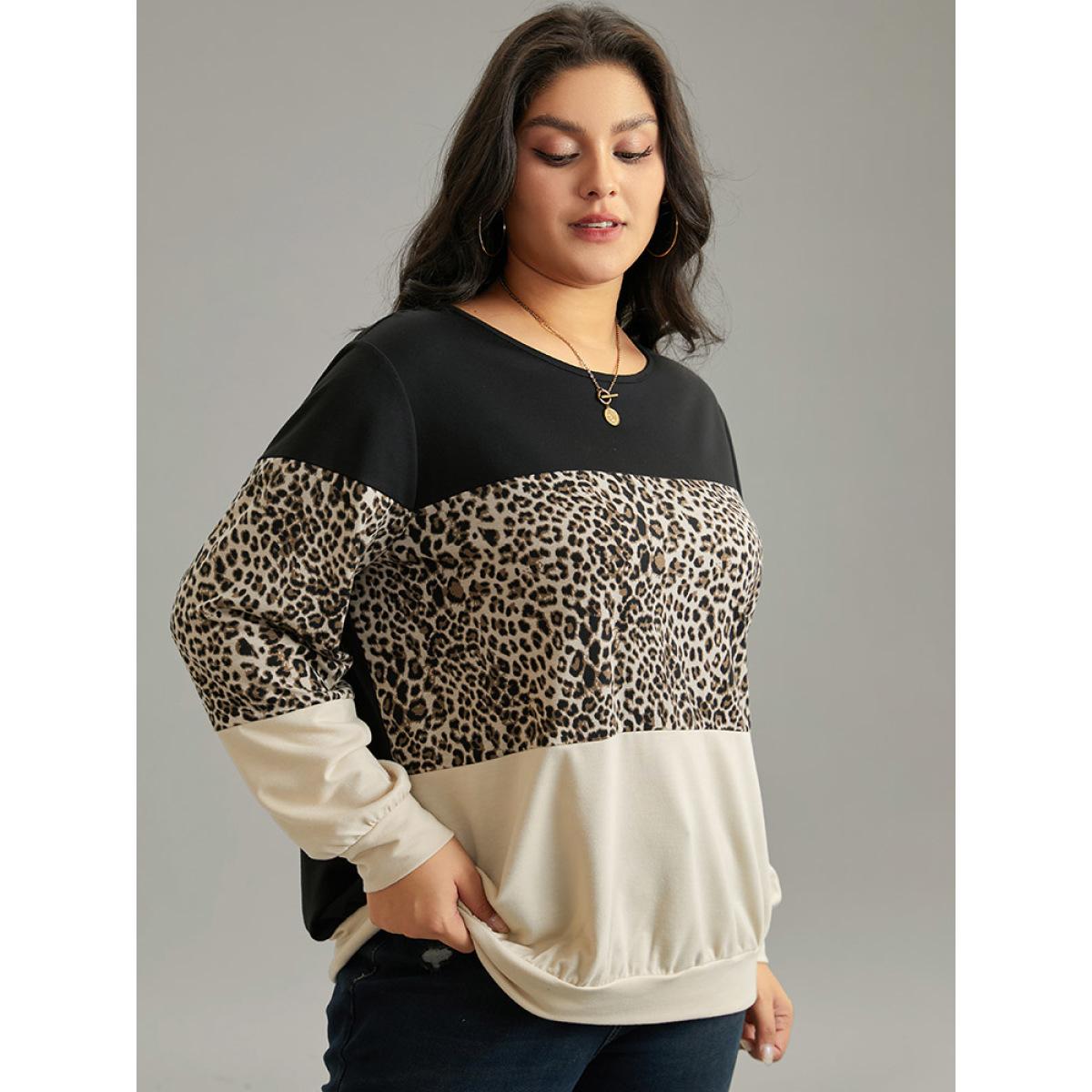 Plus Size Leopard Contrast Elastic Hem Sweatshirt Women Black Casual Contrast Round Neck Dailywear Sweatshirts BloomChic 28/5X Product Image