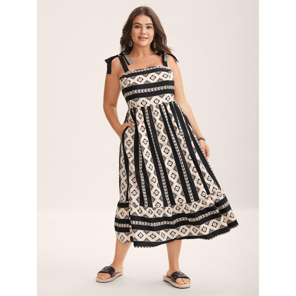 Plus Size Boho Stripes Bow Pockets Midi Dress BlackFlower Women Non Sleeveless Curvy BloomChic 10/M Product Image