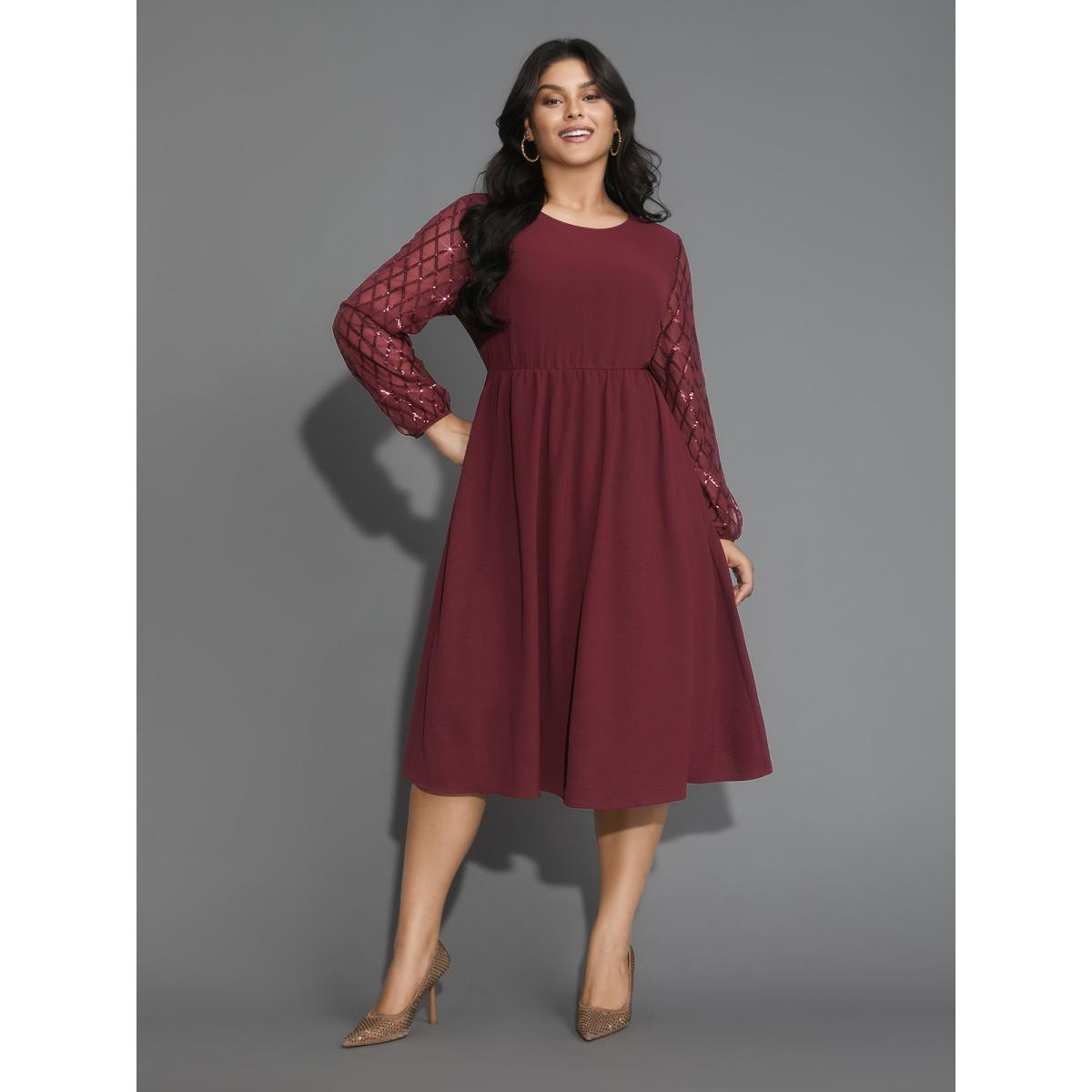 Plus Size Texture Sequin Mesh Patchwork Belted Dress Burgundy Women Party&Cocktail Texture Round Neck Long Sleeve Curvy BloomChic 28/5X Product Image
