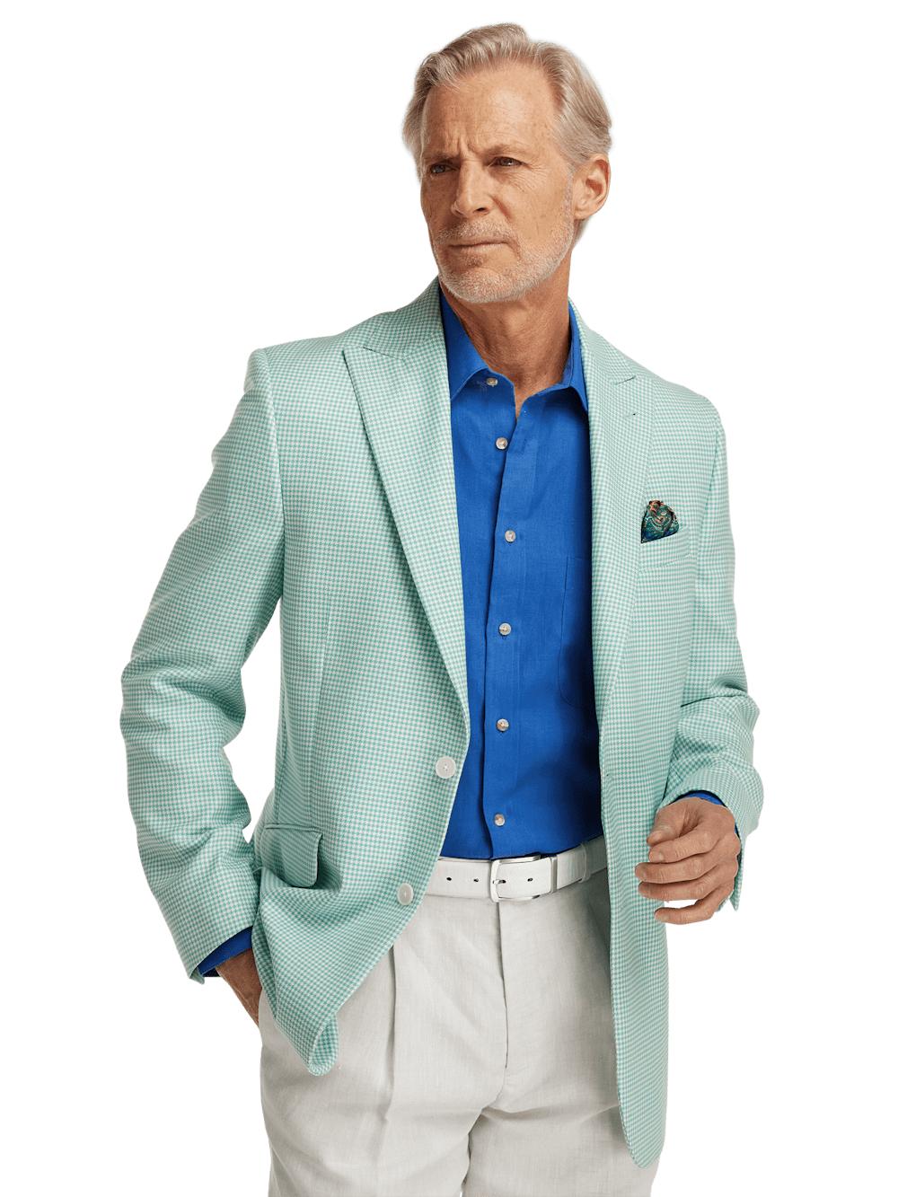 Wool Houndstooth Single Breasted Peak Lapel Sport Coat - Aqua Product Image