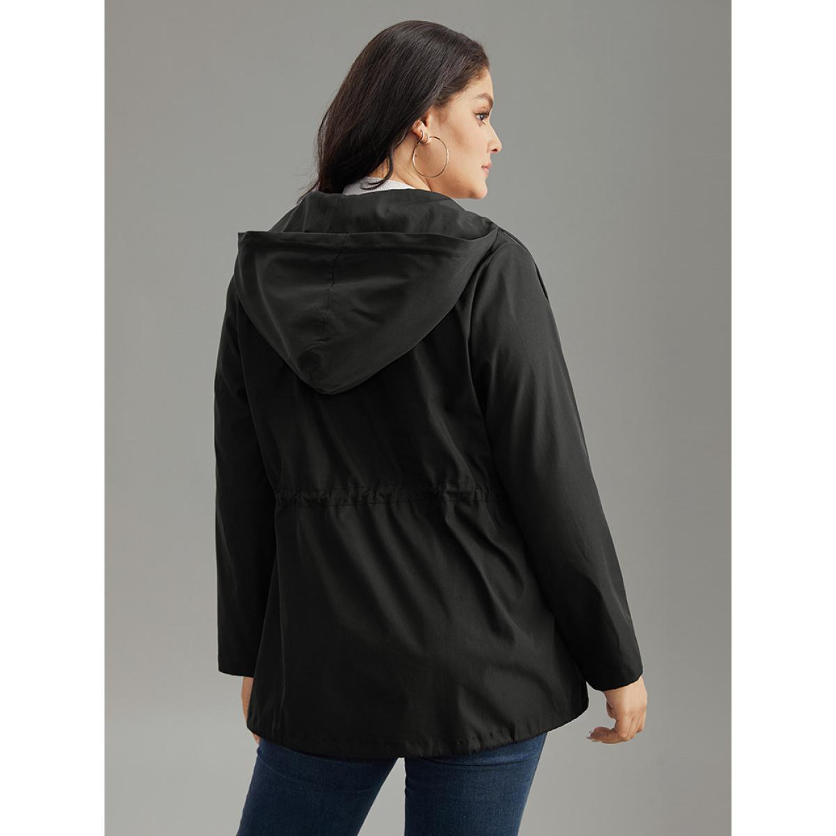 Plus Size Solid Hooded Drawstring Zipper Jacket Women Black Casual Plain Ladies Dailywear Winter Coats BloomChic 10/M Product Image