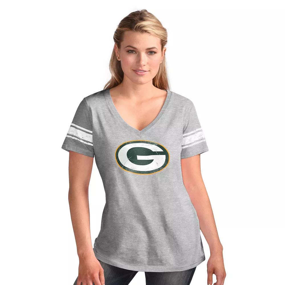 Women's G-III 4Her by Carl Banks Heather Gray Green Bay Packers First Pick Distressed V-Neck T-Shirt,  Product Image