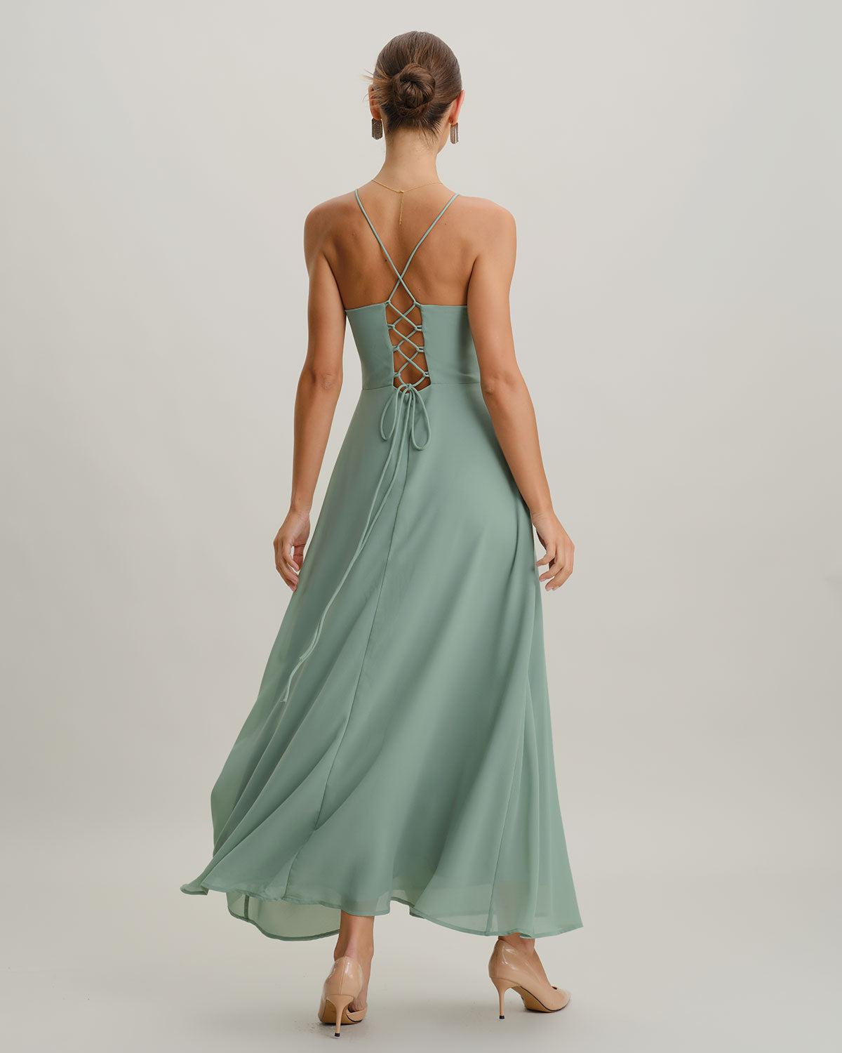 Green A-Line Backless Slip Maxi Dress Product Image