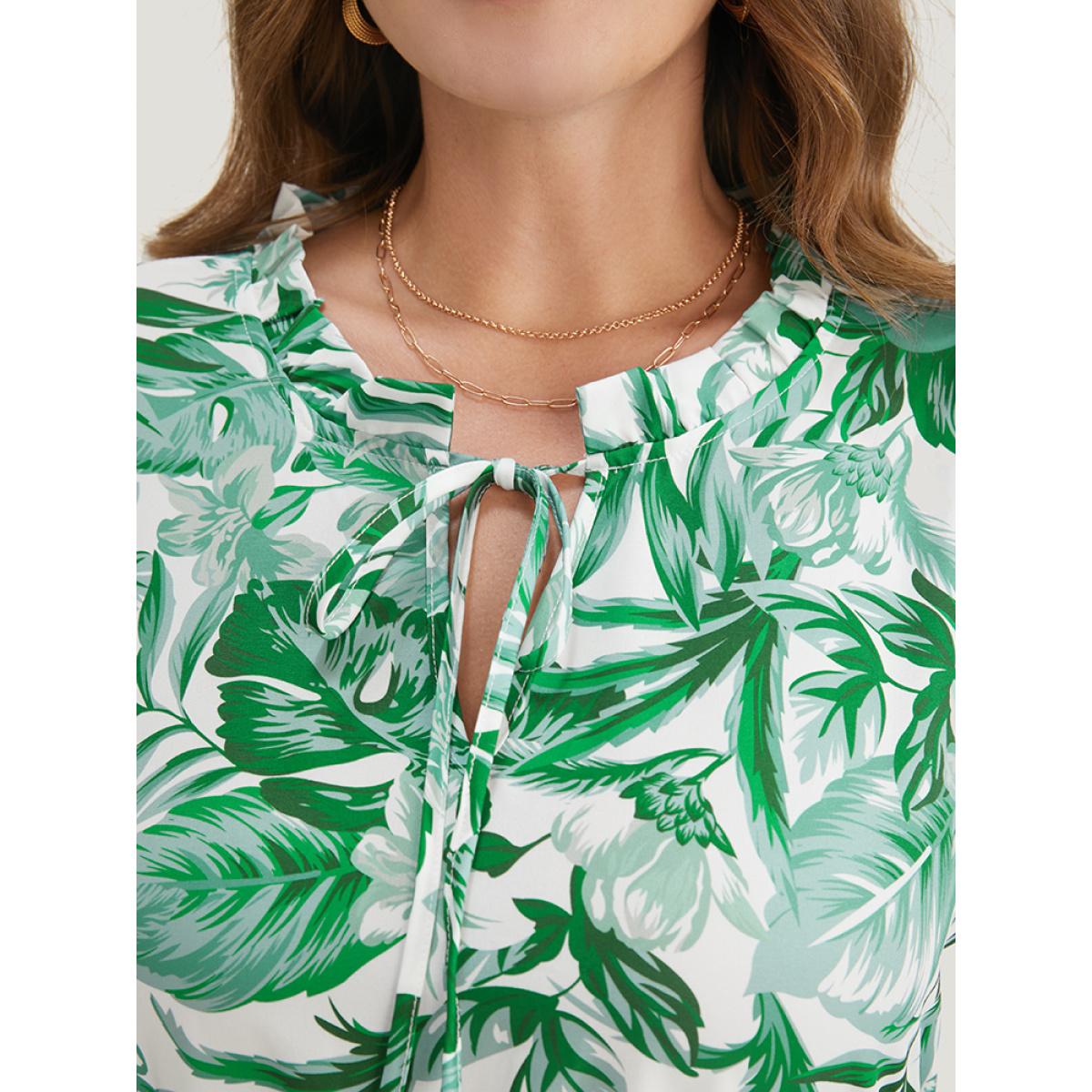 Plus Size Plant Print Pocket Keyhole Tie Neck Frill Trim Flutter Dress Green Women Vacation V-neck Half Sleeve Curvy Midi Dress BloomChic 10/M Product Image