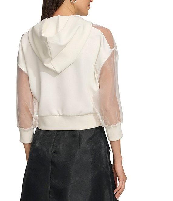 DKNY by Donna Karan Mix Media Sheer 3/4 Sleeve Cropped Logo Hoodie Product Image