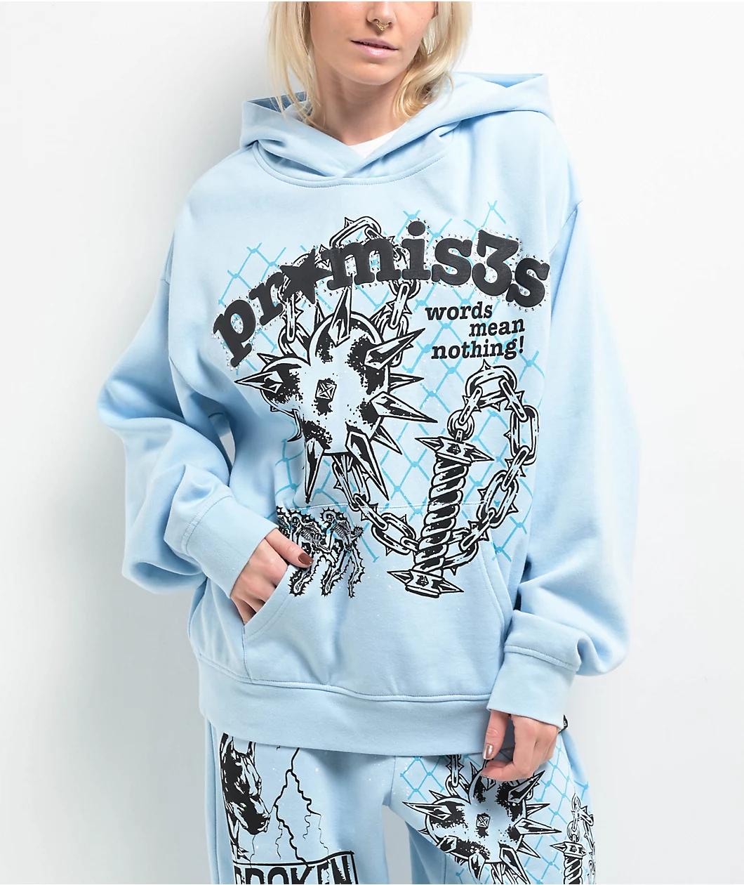 Broken Promises Pain & Pleasure Blue Rhinestone Hoodie Product Image