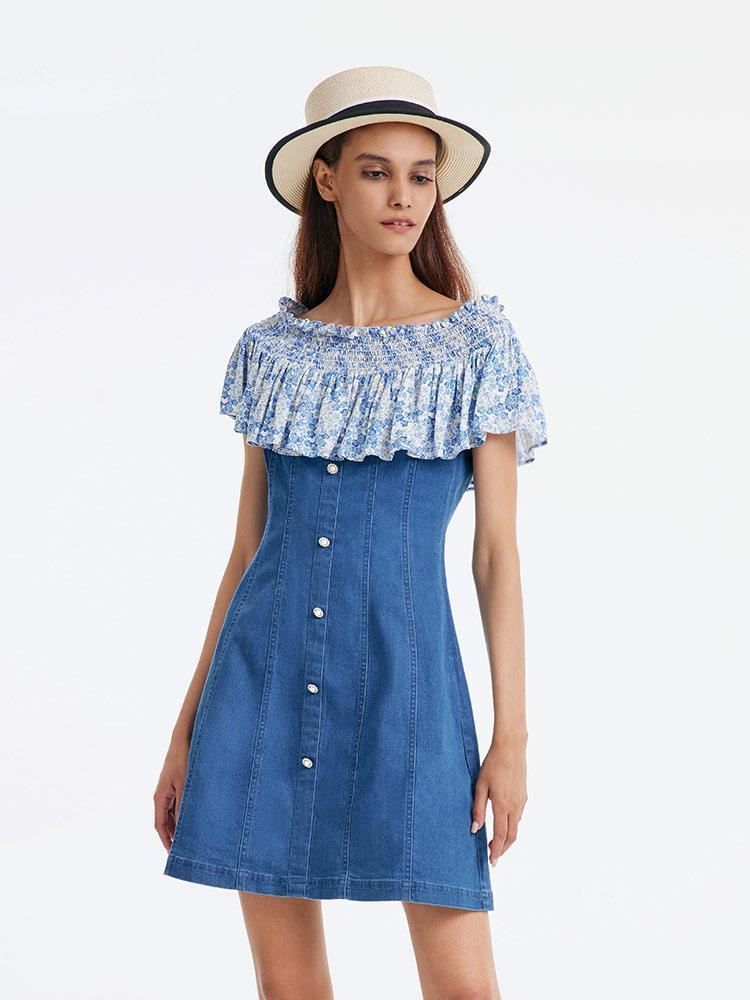 Denim Dress With Patchwork Floral Product Image