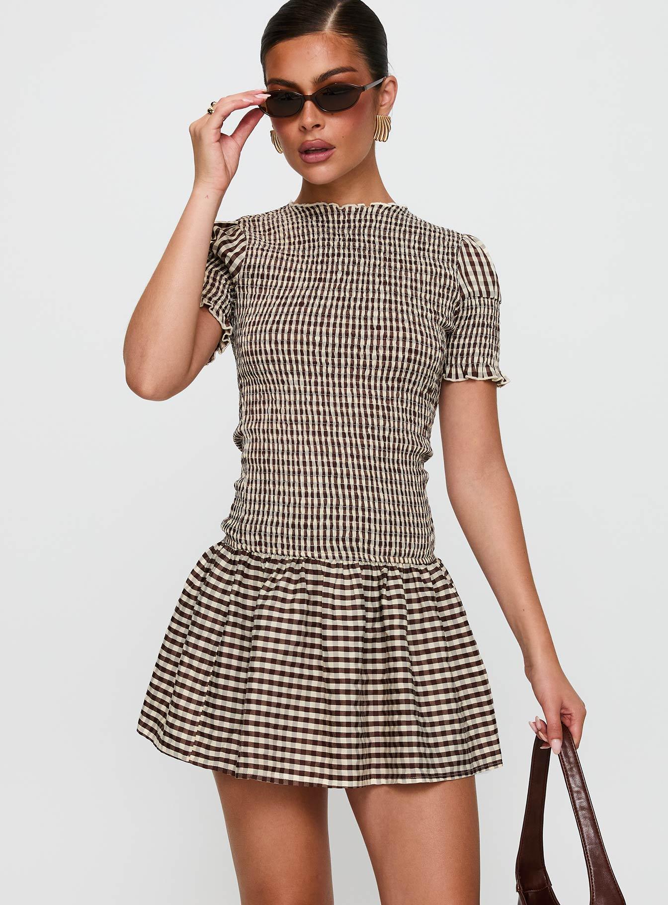 Laurita Shirred Mini Dress Brown Check Tall Product Image