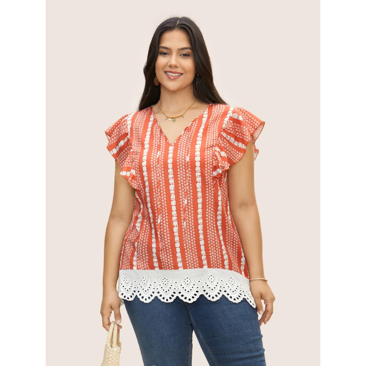 Plus Size Brightorange Boho Print Lace Panel Cap Sleeve Blouse Women Resort Cap Sleeve V-neck Vacation Blouses BloomChic 10/M Product Image