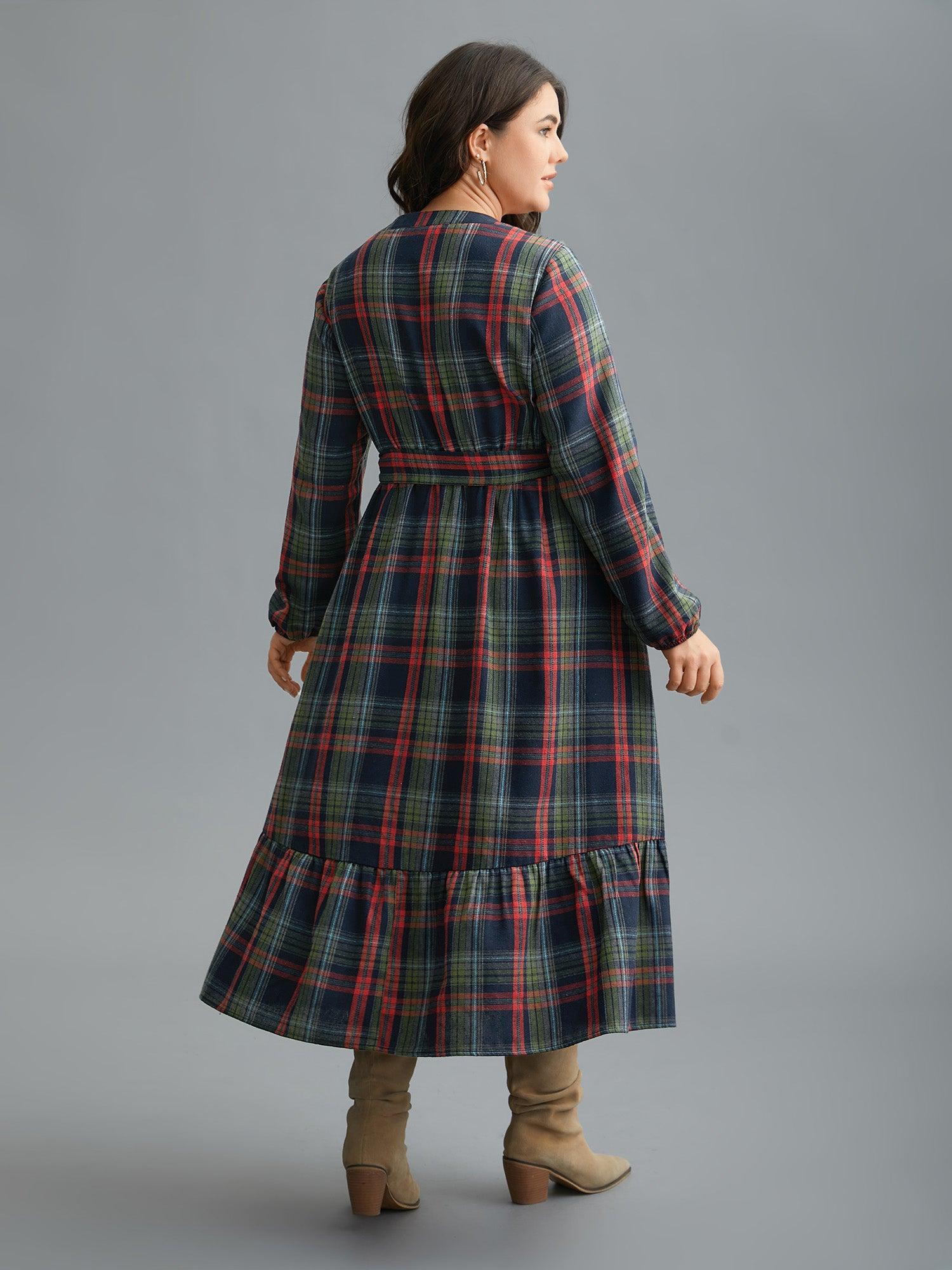 Festive Notched Collar Plaid Dress Female Product Image