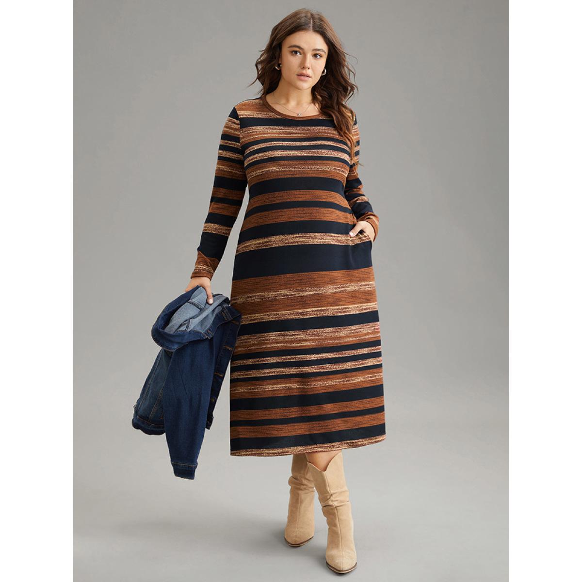 Plus Size Striped Contrast Elastic Waist Crew Neck Knit Dress DarkBrown Women Casual Printed Round Neck Long Sleeve Curvy Midi Dress BloomChic 22-24/3X Product Image