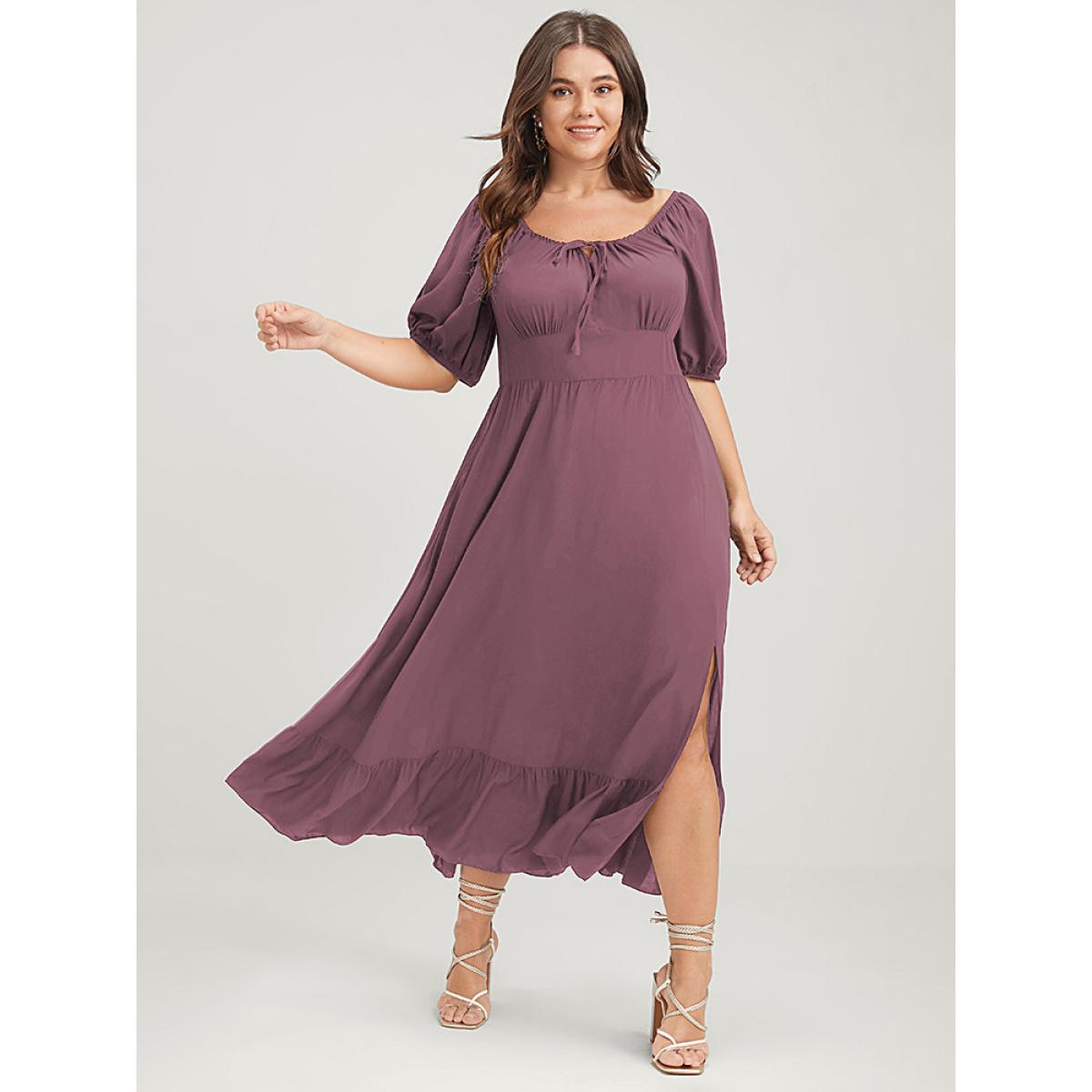 Plus Size Solid Pocket Lantern Sleeve Ruffles Ties Square Neck Maxi Dress DustyPink Women Elegant Plain Square Neck Half Sleeve Curvy Long Dress BloomChic 14-16/1X Product Image
