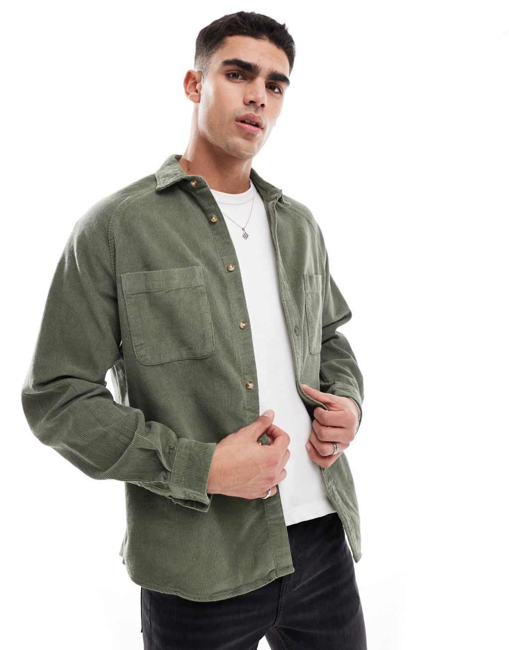 ASOS DESIGN 90s oversized cord shirt with square collar in khaki Product Image