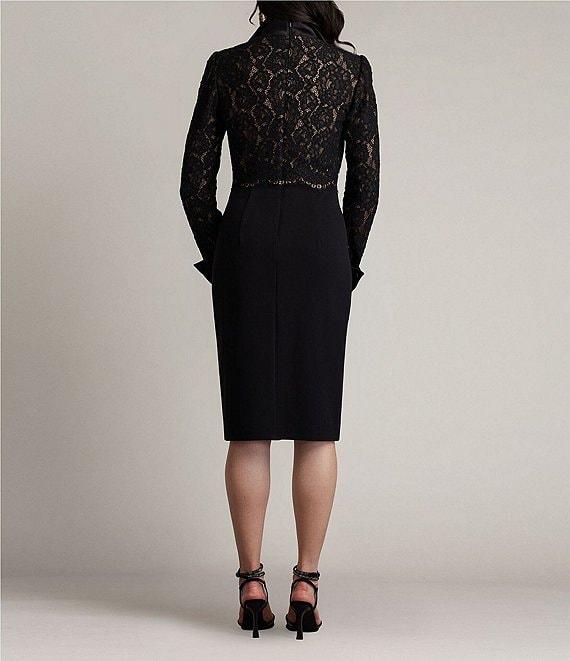 Tadashi Shoji Lace Crepe Collar V-Neckline Long Cuffed Sleeve Dress Product Image
