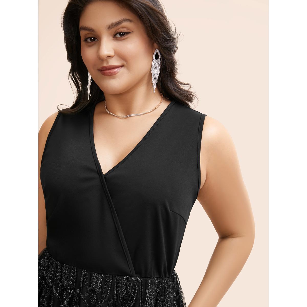 Plus Size Embroidered Mesh Patchwork Sleeveless Dress Black Women Formal Texture Overlap Collar Sleeveless Curvy BloomChic 22-24/3X Product Image