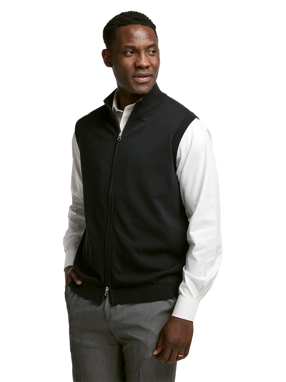 Cotton Full Zip Mock Neck Vest - Black Product Image