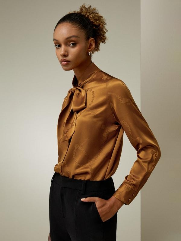 Jacquard-wave Silk Blouse with Bow Product Image