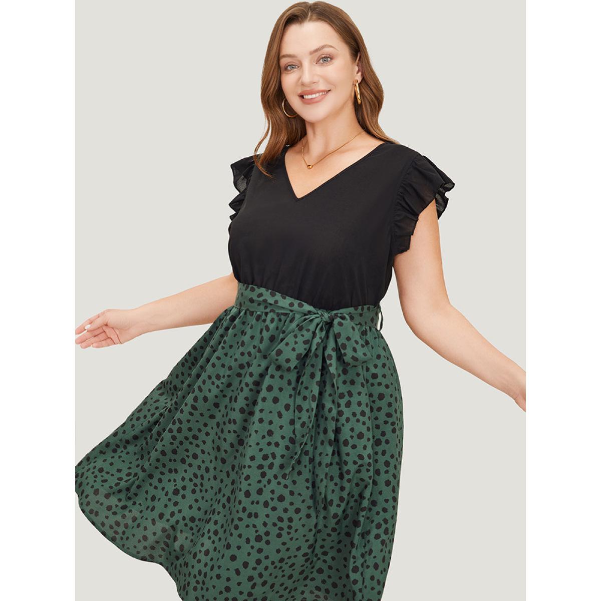 Plus Size Leopard Patchwork Pocket Belt Ruffle Dress DarkGreen Women Elegant Belted V-neck Cap Sleeve Curvy Knee Dress BloomChic 26/4X Product Image