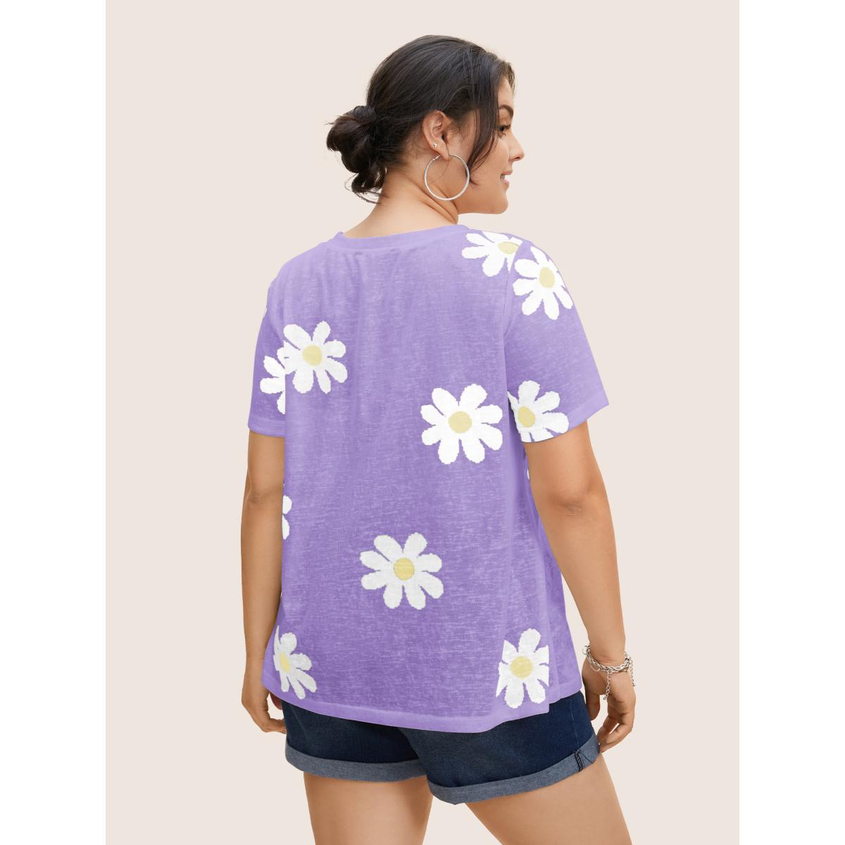 Plus Size Colored Floral V Neck See Through T-Shirt Lilac Women Casual See through Art&design V-neck Everyday T-shirts BloomChic 30/6X Product Image