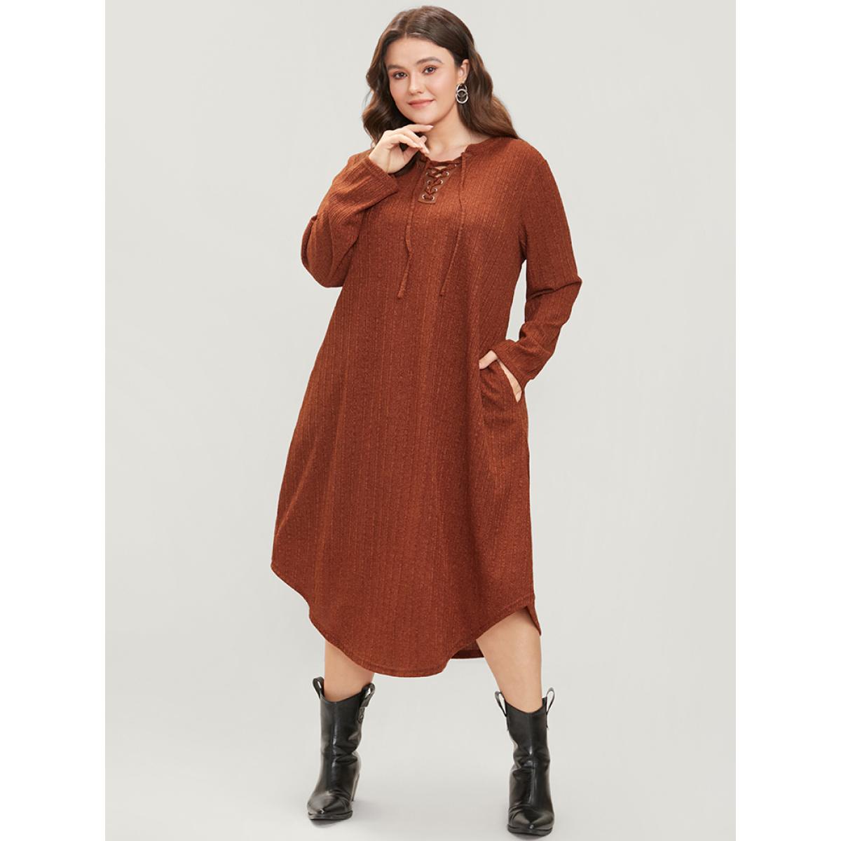 Plus Size Solid Pocket Lace Up Arc Hem Dress Without Belt Rust Women Elegant Cross straps V-neck Long Sleeve Curvy Midi Dress BloomChic 28/5X Product Image