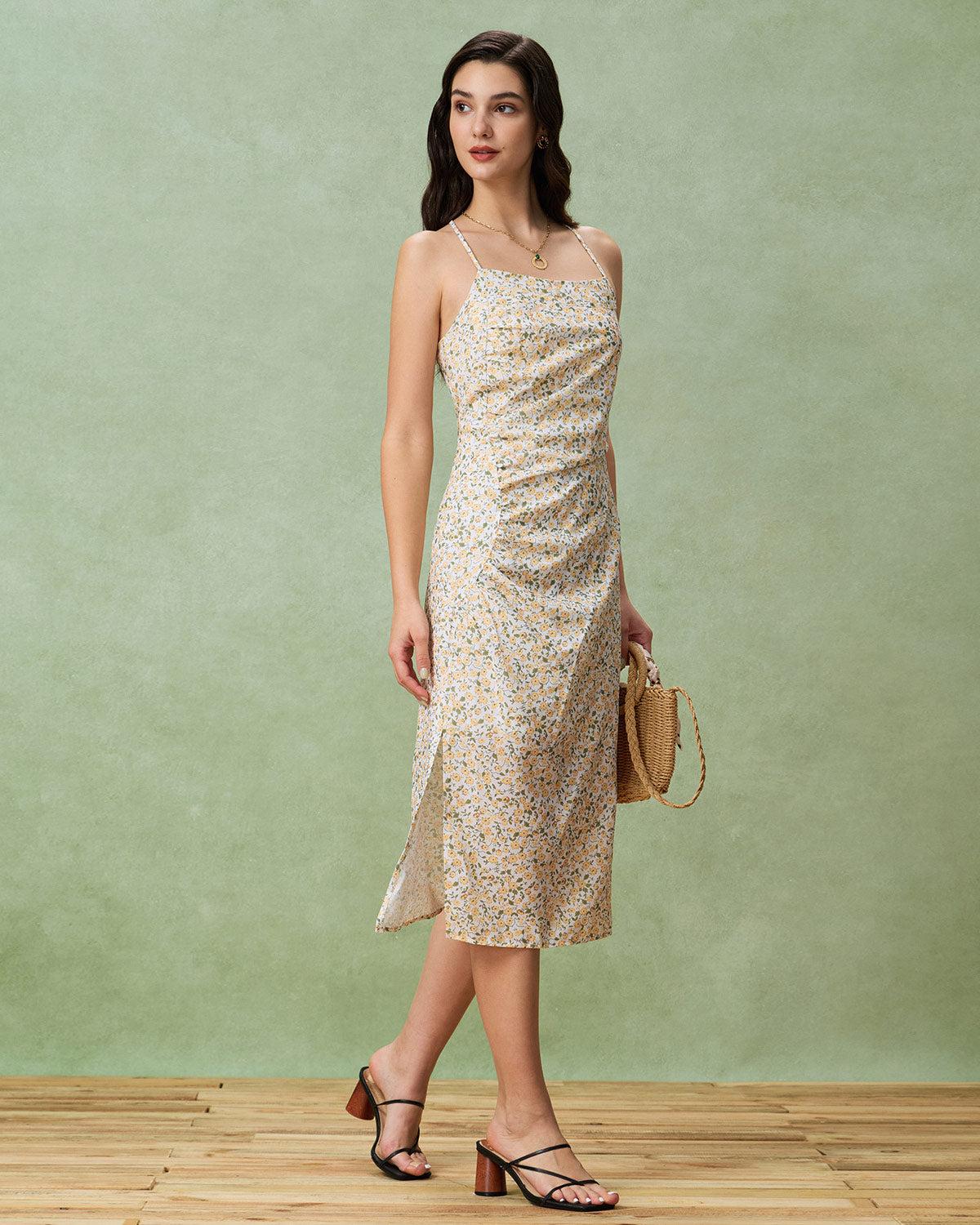 Yellow Floral Ruched Slip Midi Dress Product Image