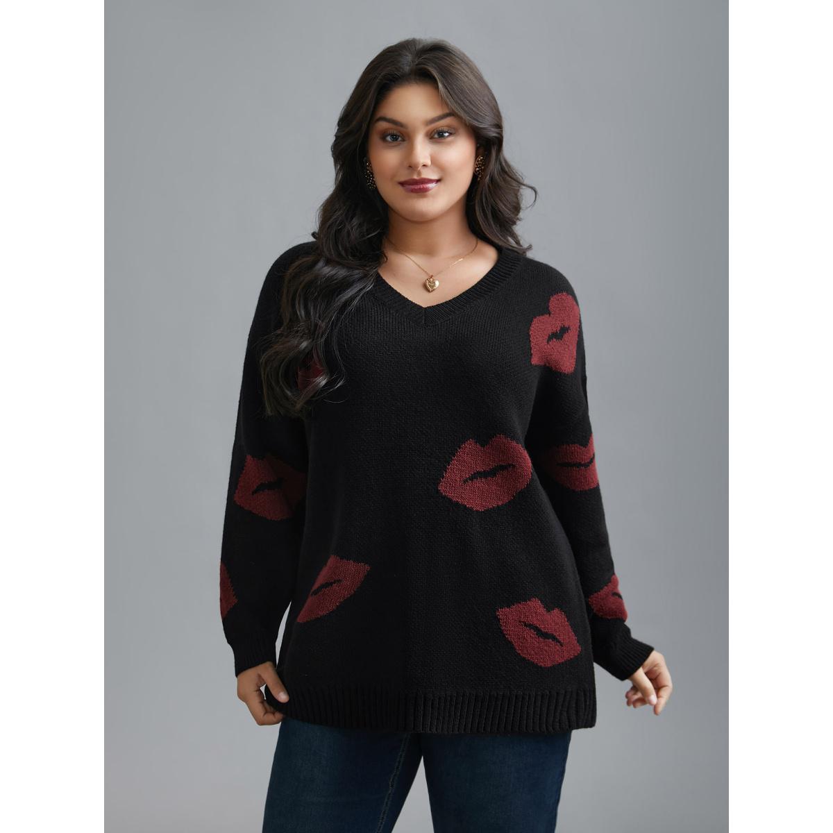 Plus Size Lip Print Contrast Knit Pullover Black Women Casual Loose Long Sleeve V-neck Everyday Pullovers BloomChic 14-16/1X Product Image