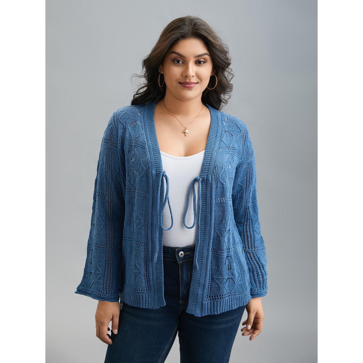 Plus Size Front-Tie Textured Eyelet Knit Cardigan Aegean Women Casual Loose Long Sleeve Everyday Cardigans BloomChic 30/6X Product Image