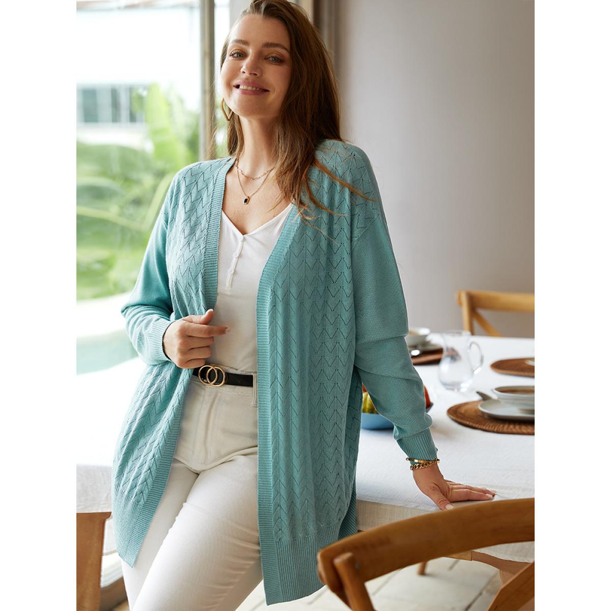 Plus Size Supersoft Essentials Geometric Eyelet Open Front Cardigan Emerald Women Casual Loose Long Sleeve Dailywear Cardigans BloomChic 30/6X Product Image